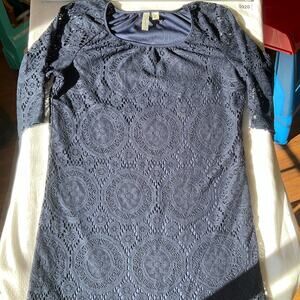 Tacera Women’s Long Sleeve Knee-length Screw-neck Lace Dress size M, Navy Blue